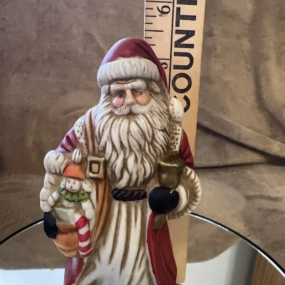 Vintage Enesco Porcelain Old World Santa Holding Bell and Bag‎ of Gifts Figurine